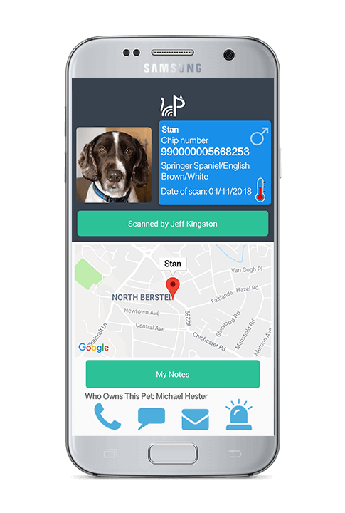 App screenshot of PetScanner map notification