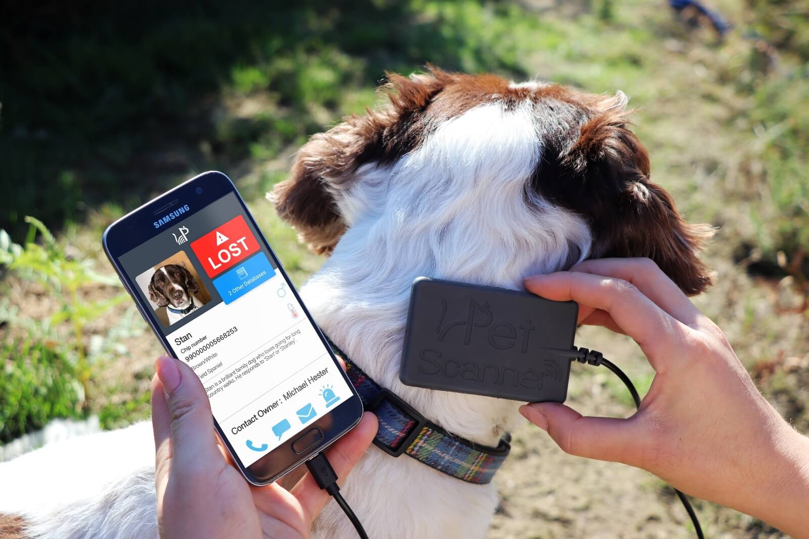 Image of PetScanner reader and app in use on dog