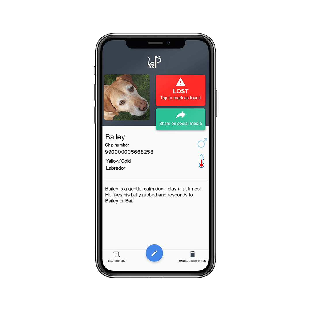 PetScanner app showing lost dog